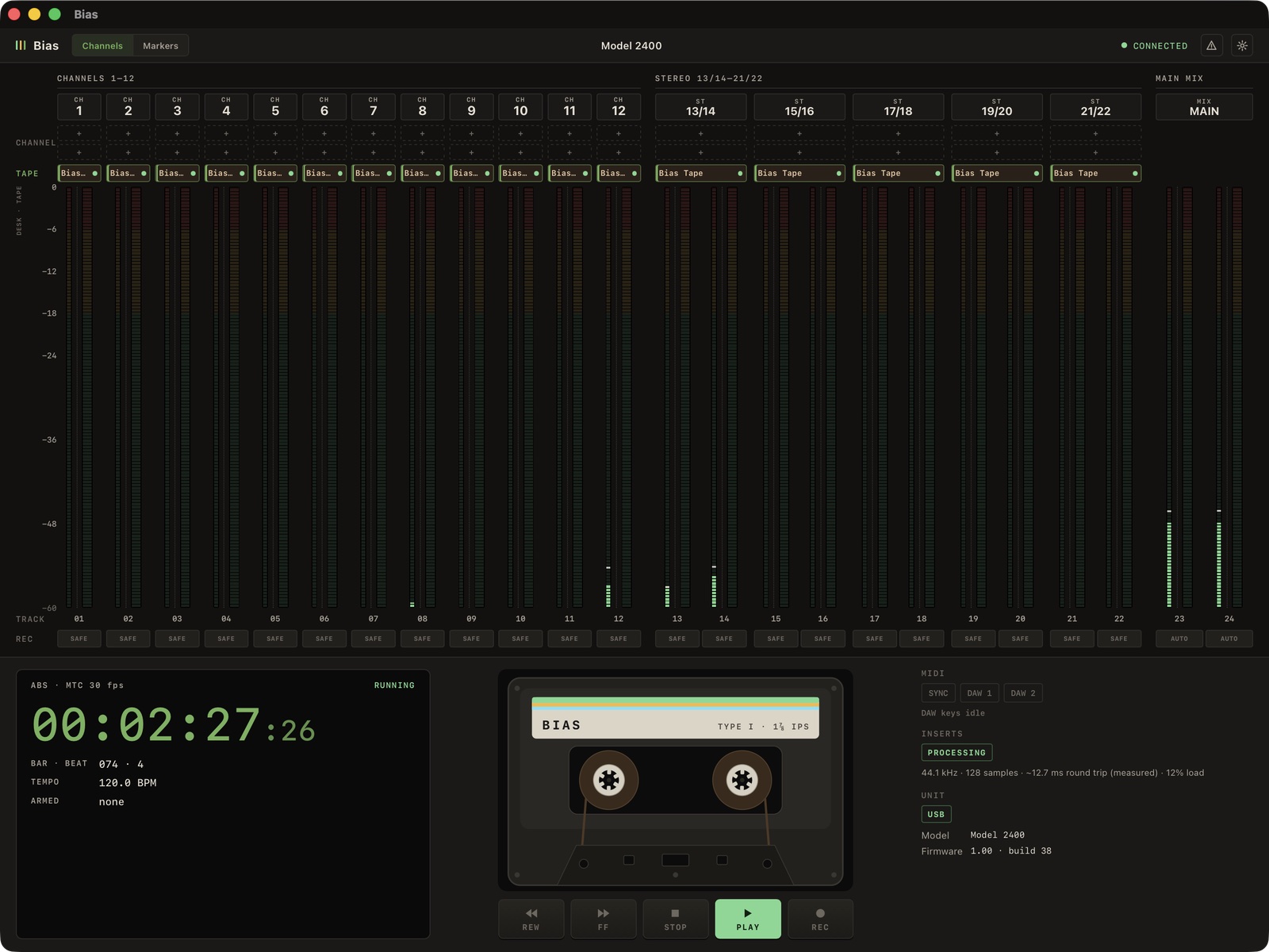 Bias's meter bridge: 22 channels against the recorder's 24 tracks.