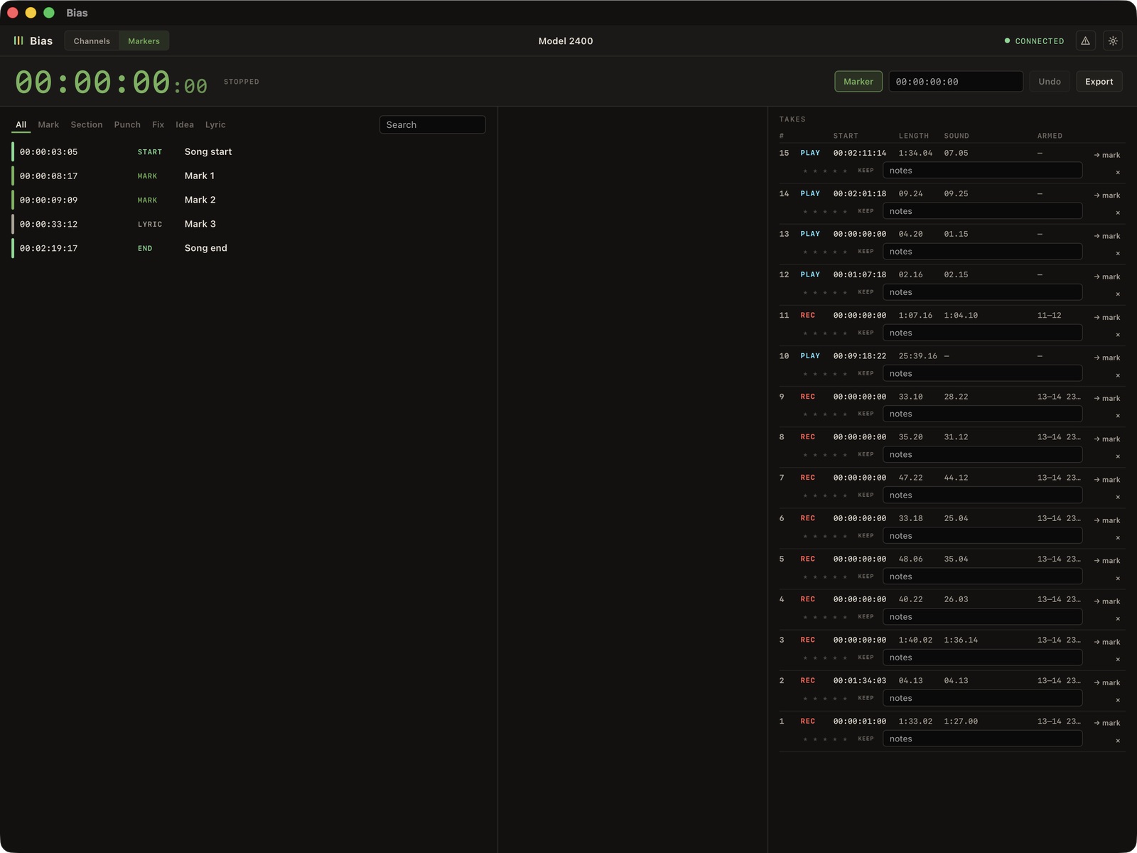 Bias's markers and take log against the recorder's timecode.