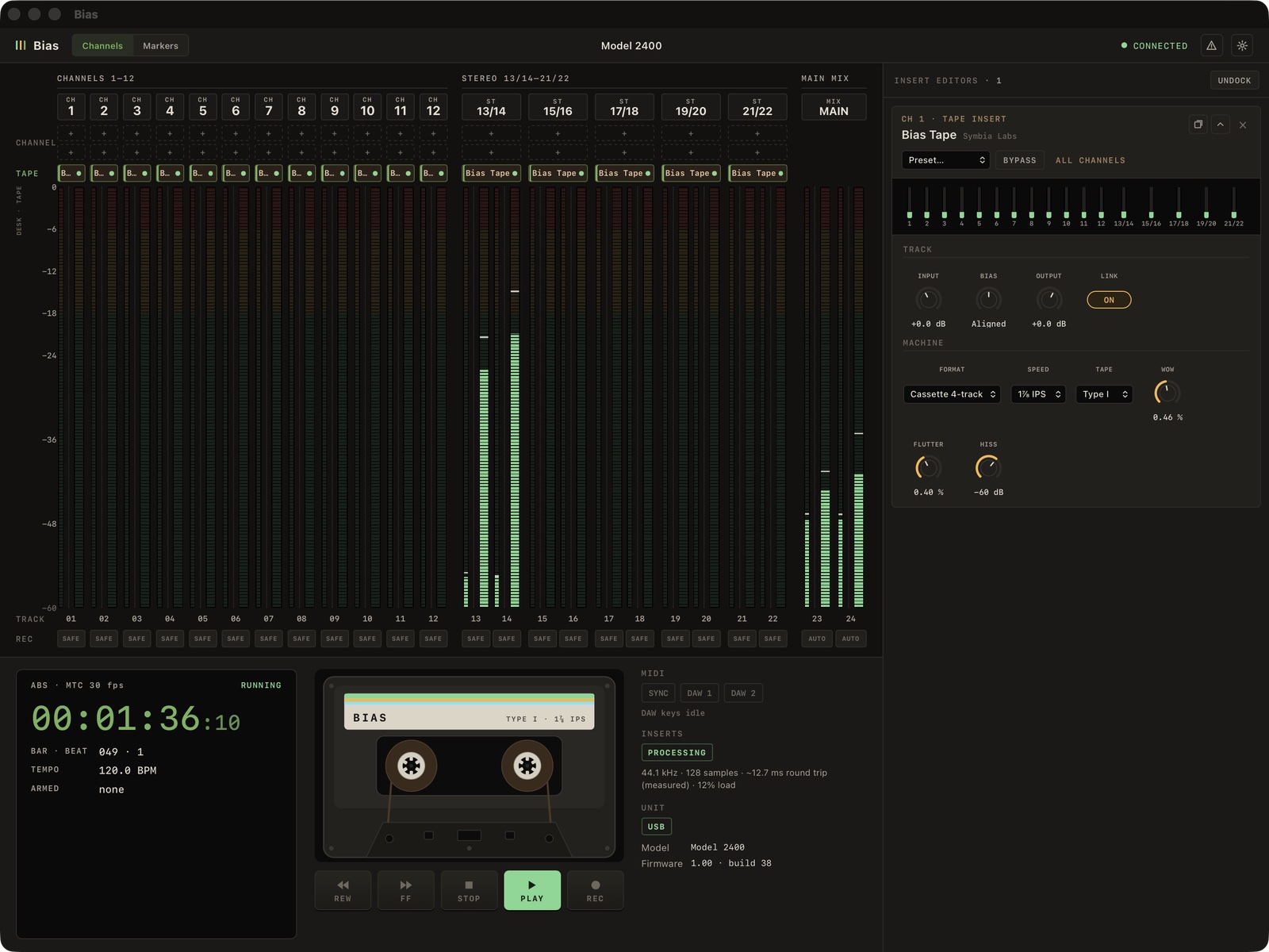 Bias's channel view with the Bias Tape editor open and the cassette deck playing.