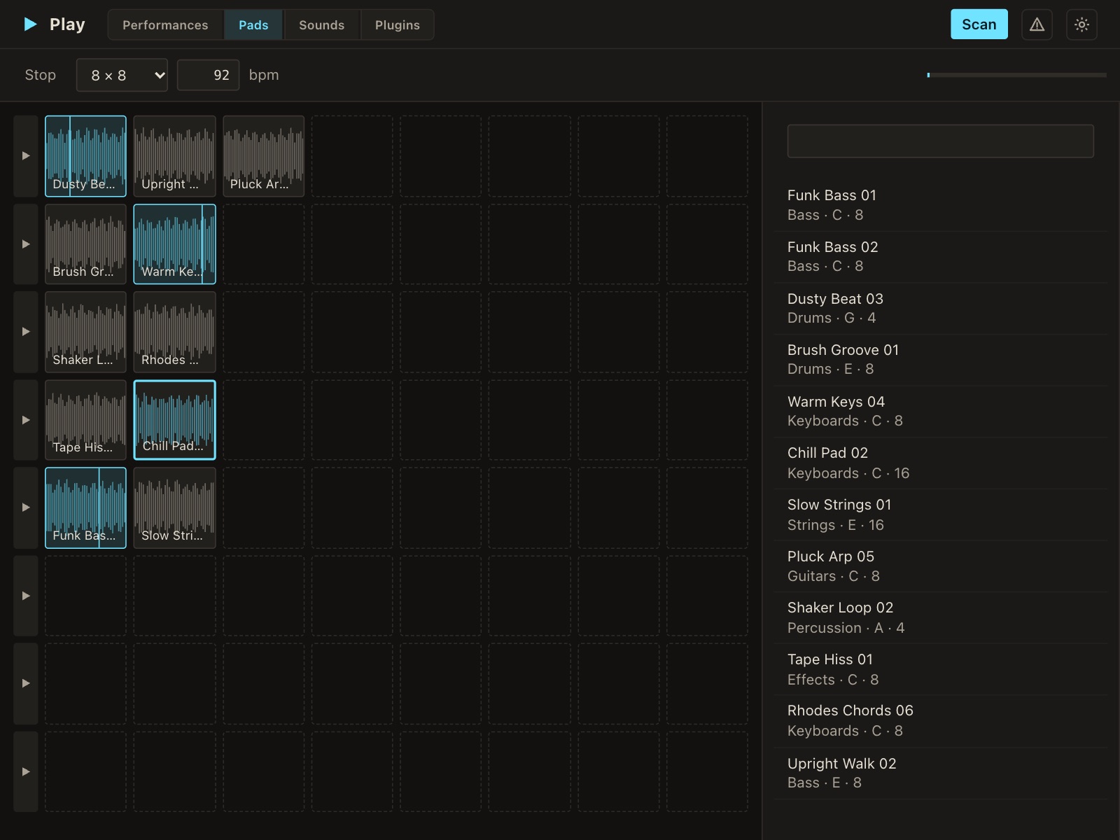 Play's pad grid with Apple Loops on the pads and the loop search beside it.