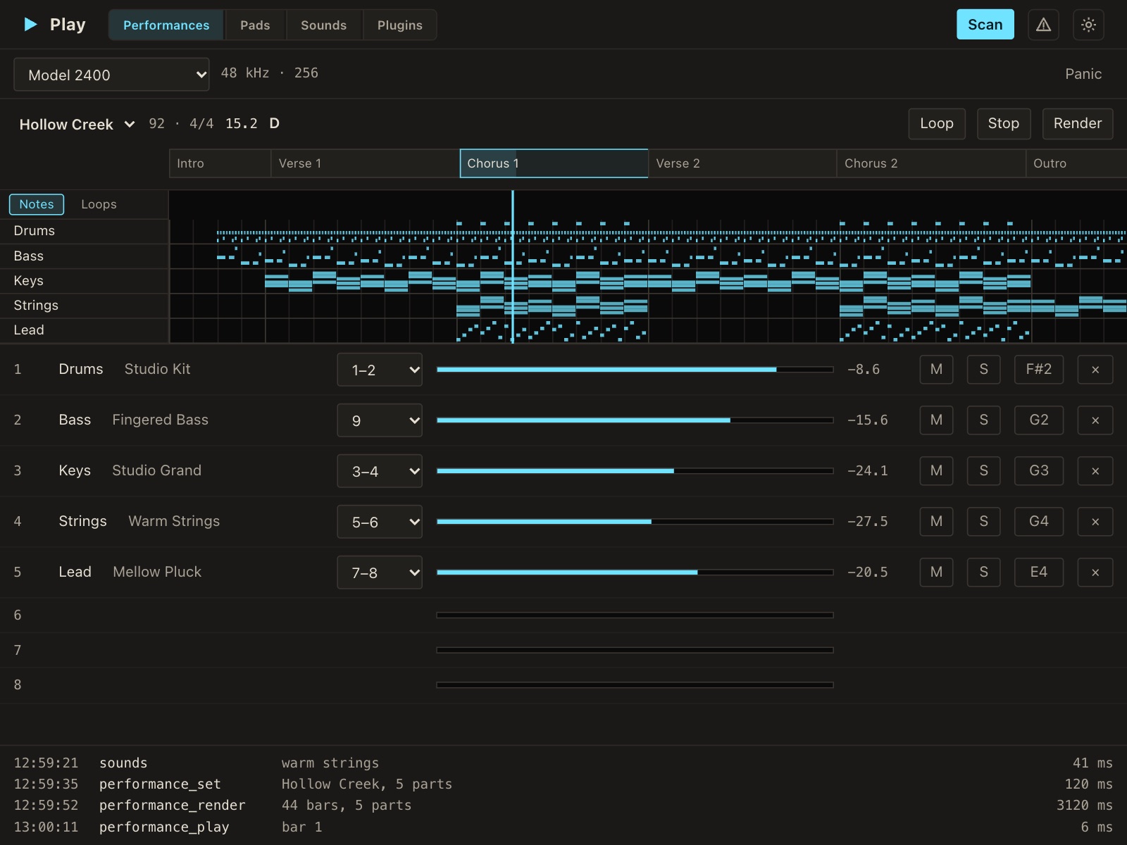 Play's Performances view, with the song's sections over a sequencer lane for each part and the parts' faders below.