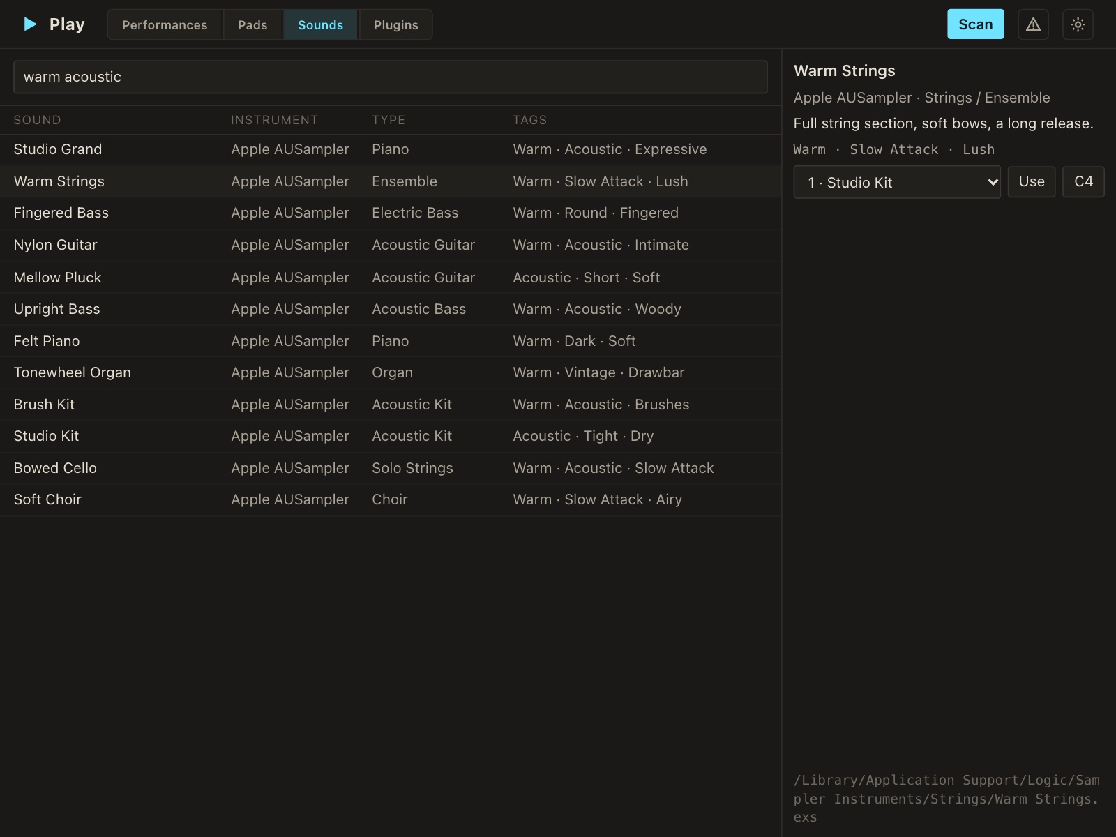 Play's sound search across Arturia presets and Logic's sampler instruments.