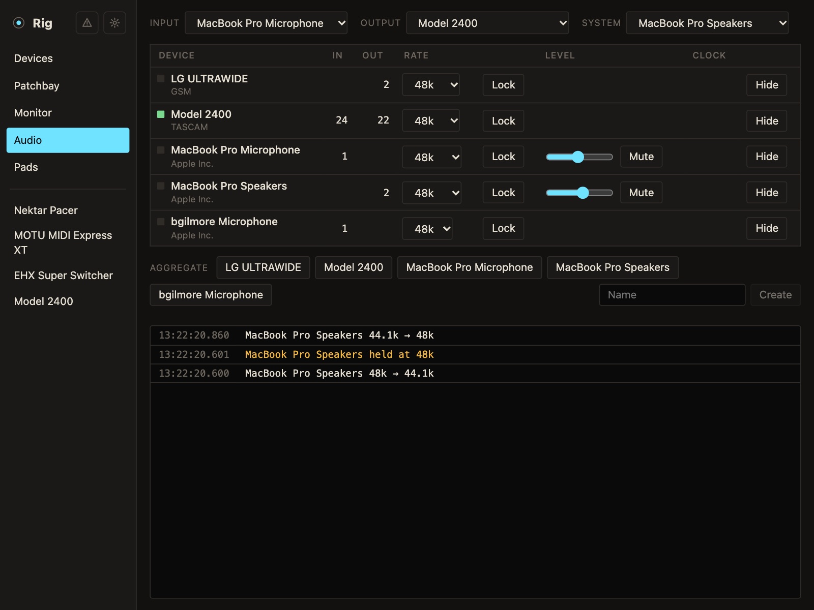 Rig's audio page with the default devices and each device's sample rate.