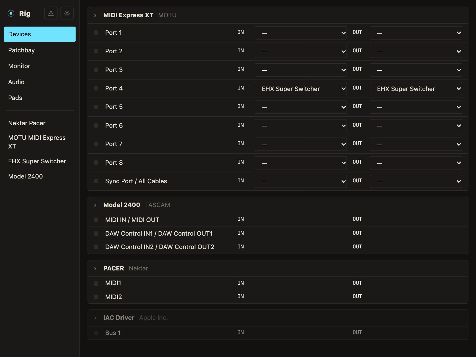 Rig's device list, with every MIDI device and its jacks.