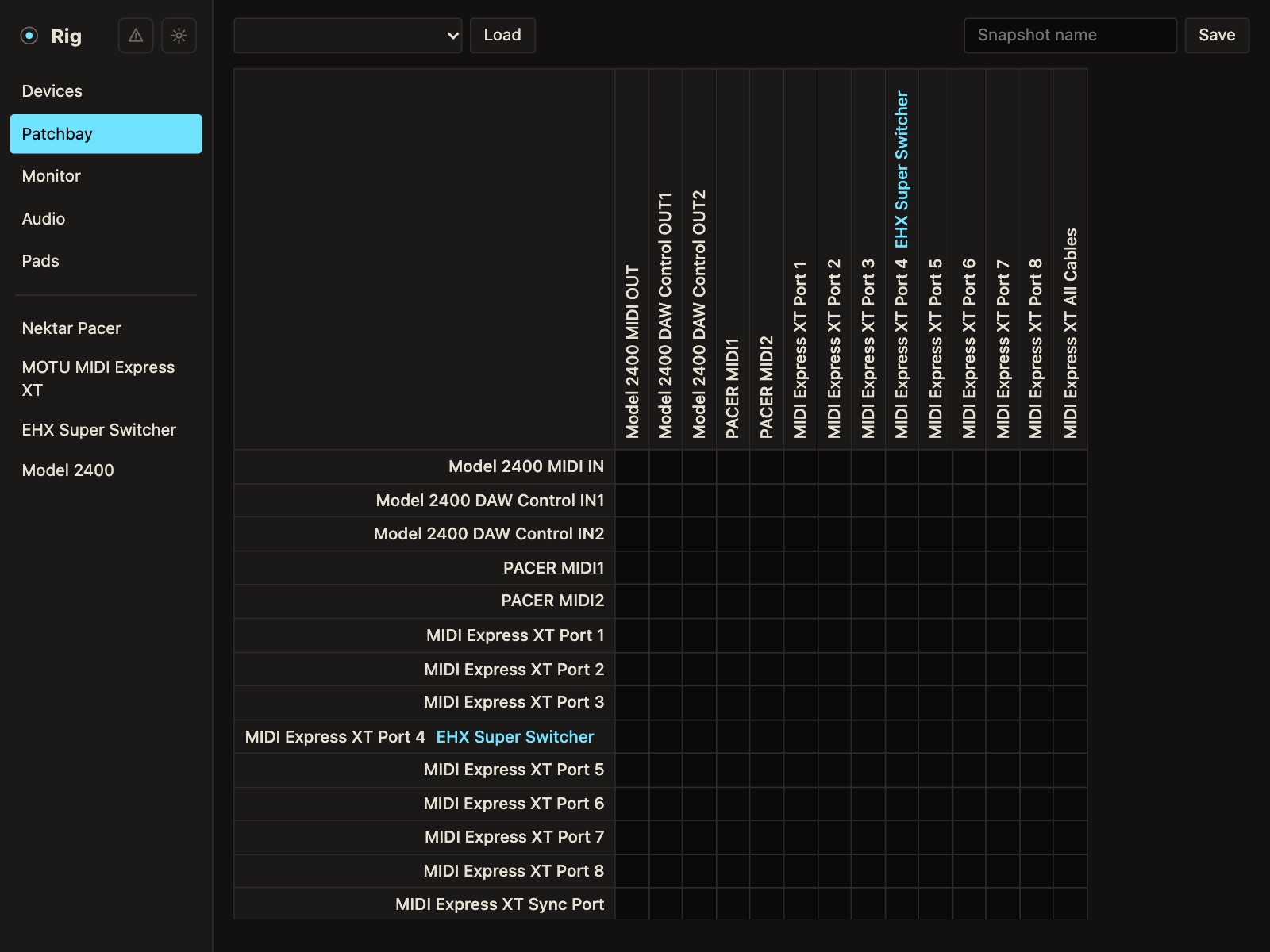 Rig's patchbay, with routes between MIDI devices.