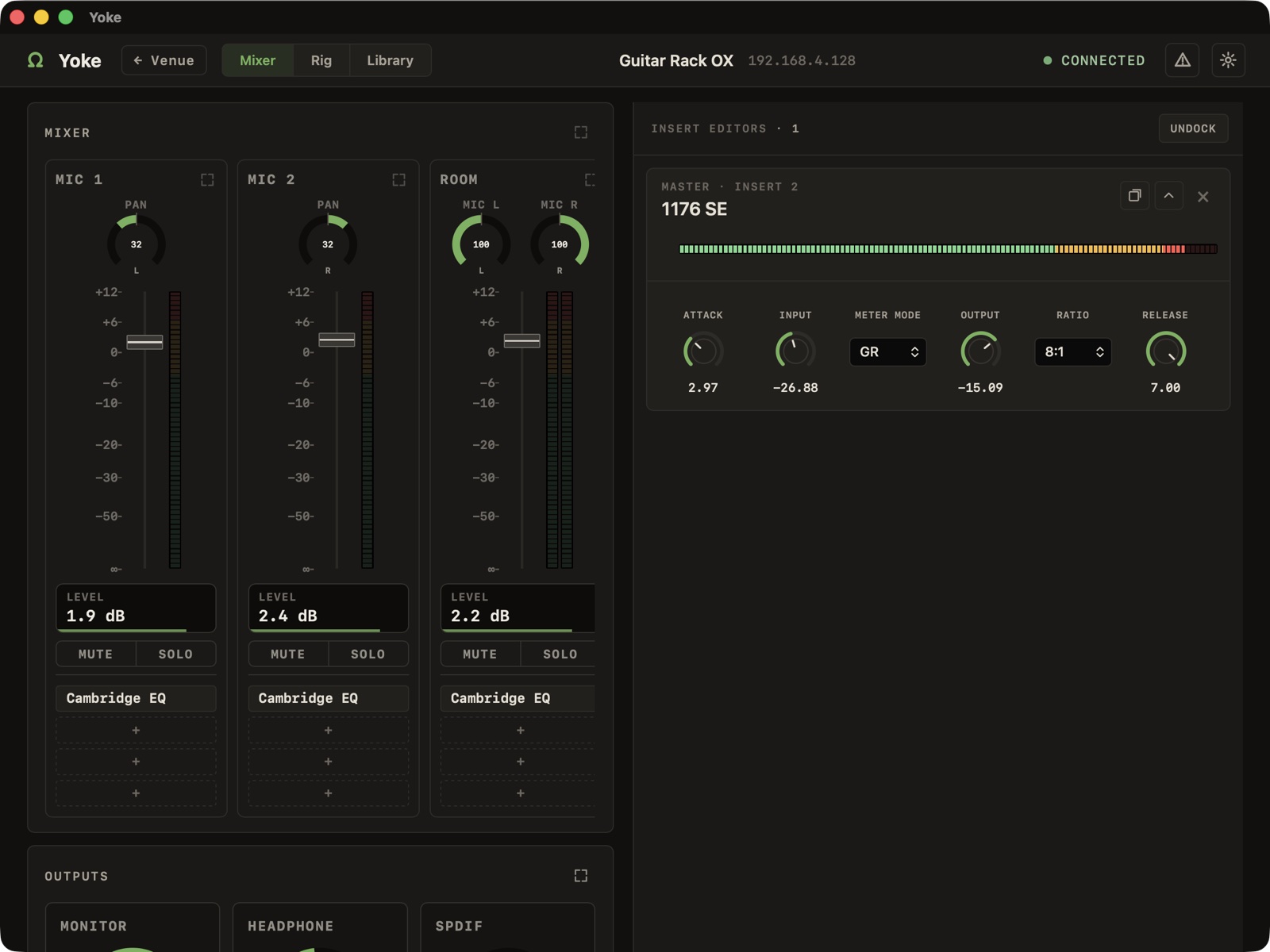 Yoke's mixer with the 1176 SE insert editor open in the dock.
