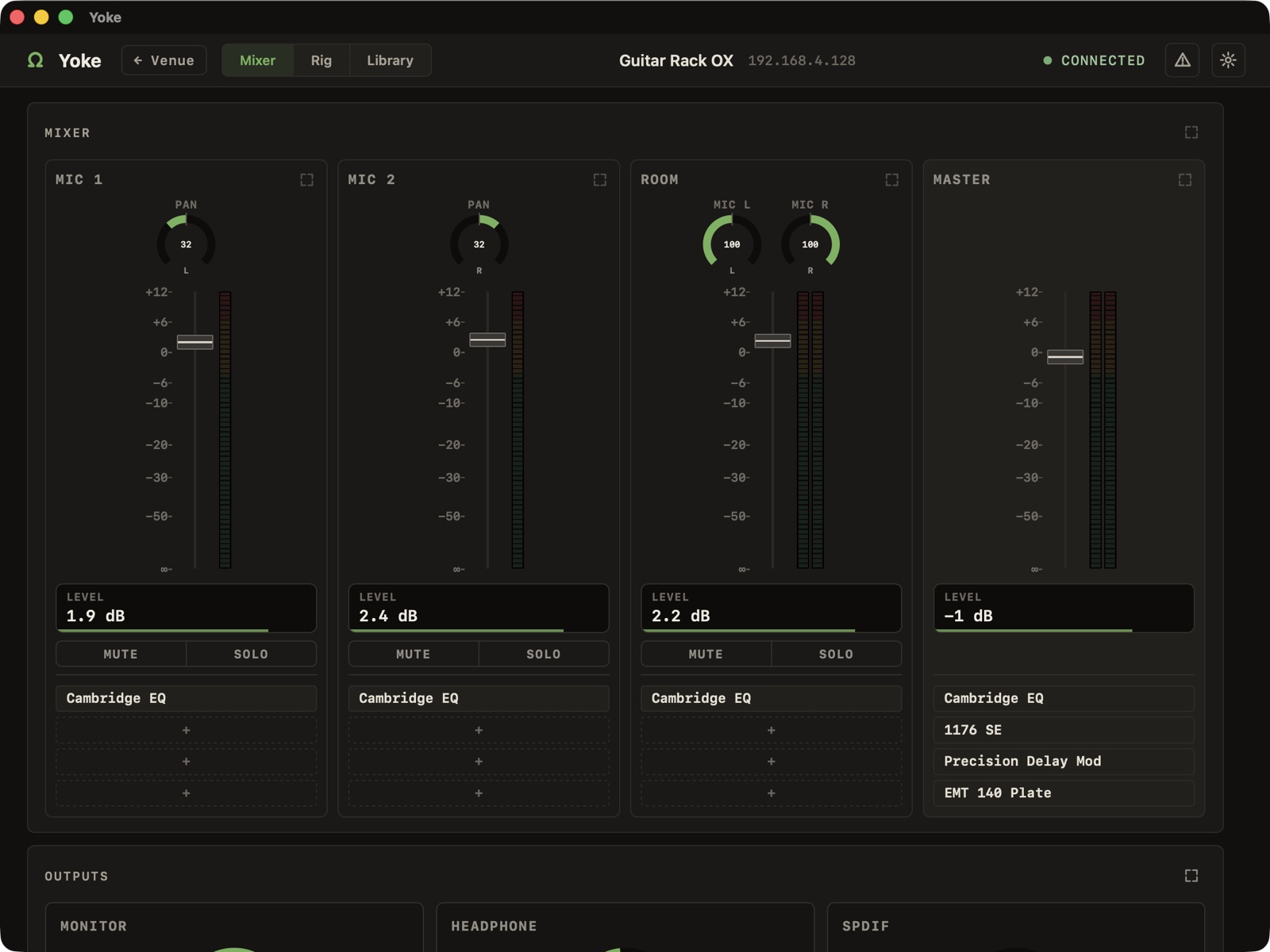Yoke's mixer: three channel strips and the master bus with pan, level, meters and insert slots.